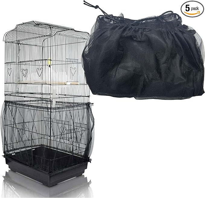 Bird Cage Seed Catcher, Large Bird Cage Cover, 75-118'' Universal Adjustable Birdcage Cover Skirt Soft Airy Nylon Mesh Net for Parakeet Macaw African Round Square Cage, Black