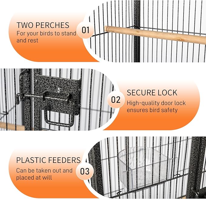 VINGLI 53-inch Bird Cage with Wheels, Durable Wrought Iron Parakeet Cage with Slide Out Tray, Black Bird Cages for Parakeets/Lovebird/Cockatiels/Budgies and Other Small/Medium Birds (Black, 53 inch)