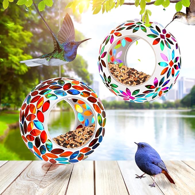 2 Pcs Mosaic Glass Hanging Bird Feeder Round Fly Through Balcony Bird Feeder for Backyard Window Outdoor Garden Deck Porch Decor