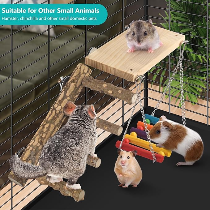 DBNESS 3in1 Bird Perch Toys for Parrots, Wooden Ladder Perch for Cage, Parrot Platform Stand Colourful Swing Hammock Climbing Bridge Exercise Cage Accessories for Budgies Cockatiels Lovebirds Hamster