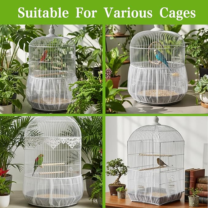 2 Pcs Bird Cage Netting Seed Catcher, Adjustable Skirt Bird Cage Net White Polyester Splash Guard for Parrot Finch Cages