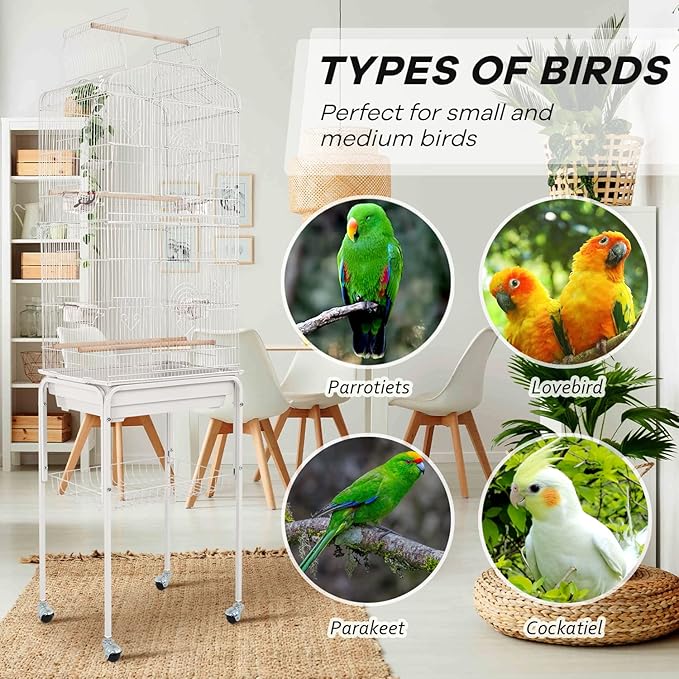 HCY Open Top Standing Bird Cage 64 Inch with Rolling Stand for Parakeets Cockatiel Parrots Lovebirds Medium Small Bird Cage-White L17 * W13 * H64 inches