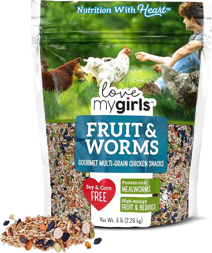 Love My Girls: Chicken Snacks - Fruit & Worms - 5lb Bag - Global Harvest, Gourmet Multi-Grain Treats, Corn-Free, Nutritious & Protein Rich Mealworms