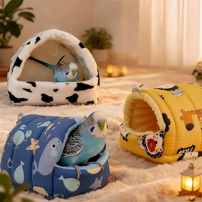 Warm Bird Nest House Plush Birds Hut Bed Hanging Hammock Sleeping Bed Bird Snuggle Cave Hanging Tent for Parrot Parakeet Cockatiel Conure African Grey Macaw-Cow Print