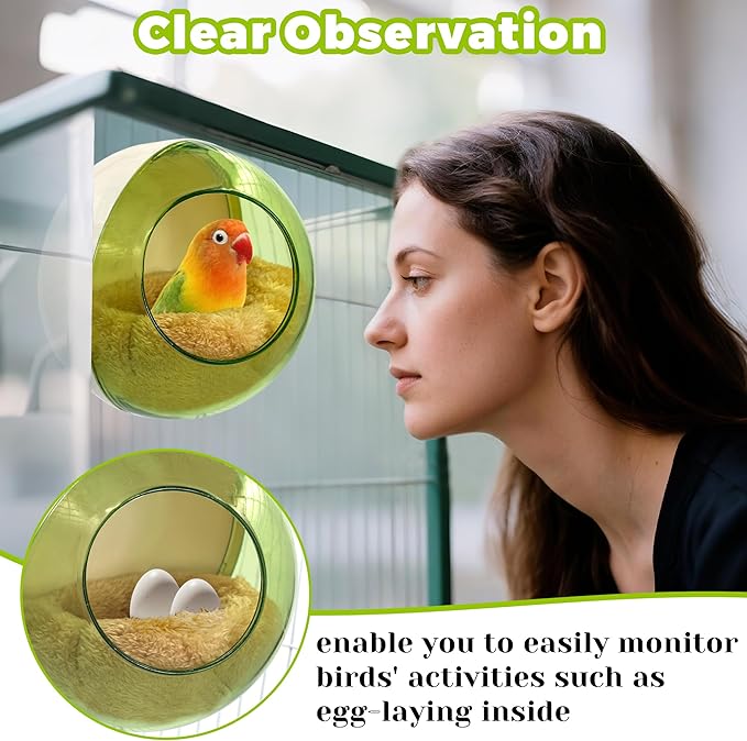 Bird Nest for Cage Bite-Resistant, Washable Clear Observation Small Bird House Hanging, Warm Birds Bed Plush Hut, Parakeet Nest to Lay Eggs Breeding Sleeping for Budgie Lovebird Canary (Green, Clear)