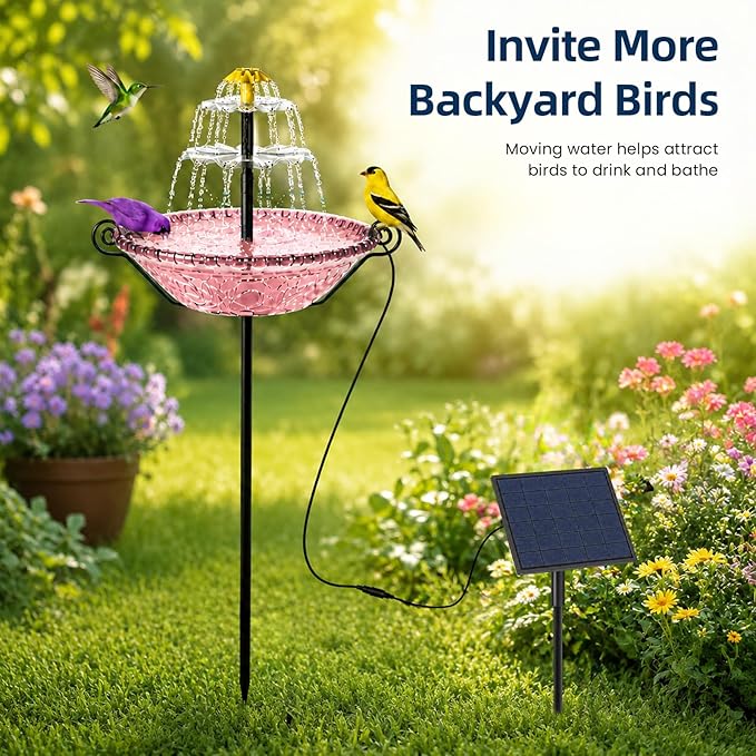 Bird Bath for Outside with Solar Fountain, Plastic Bowl on Metal Stake and Ground Stand, Freestanding Garden Accent for Yard and Patio (Pink(XL))