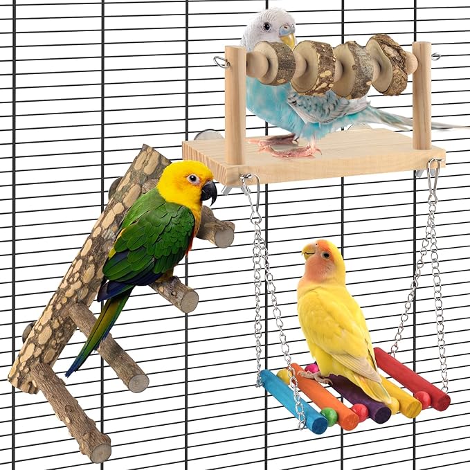 DBNESS 4 Pcs Bird Perch with Swing, Parrot Perches Platform with Chew Blocks, Natural Climbing Ladder Bridge Colorful Hammock for Budgies, Cockatiels, Lovebirds, Finches