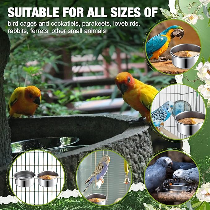 Sabary 6 Pack Bird Feeding Bowls Cups, Parrot Food Water Dishes Stainless Steel Bird Food Bowls with Clamp 10oz Birds Water Feeder for Parakeet Conure Cockatiel Lovebird Budgie Chinchilla Small Animal