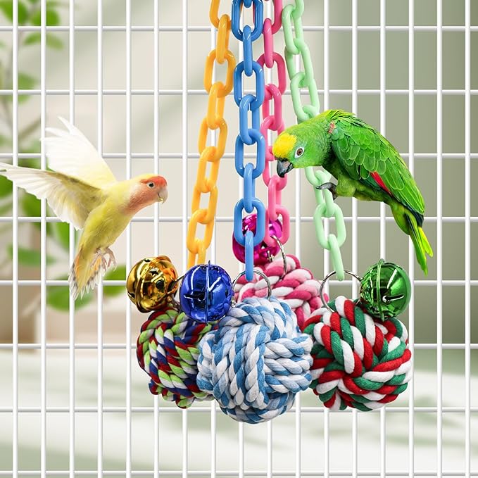 4-Pack Colorful Bird Chew Toys – Cotton Rope Balls with Chains & Bells for Small/Medium Parrots | Shredding & Play Enrichment for Budgies, Cockatiels, Lovebirds, Conures