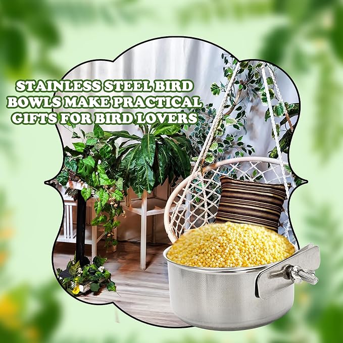 10 Pcs Bird Food Bowls Stainless Steel Parrot Cage Water Bowl Cups with Clamp Holder Parrot Feeding Dish Coop Cups Parakeet Cockatiel Conure Lovebird Budgies Chinchilla Small Pet Animal