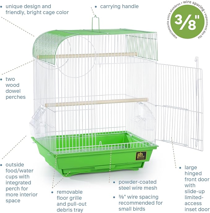Prevue Pet Products South Beach Flat Top Bird Cage - Ideal for Finches, Canaries, Budgies, and Similarly Sized Birds, Minimal Assembly, Made of Powder-Coated Steel Wire Mesh - Green & White
