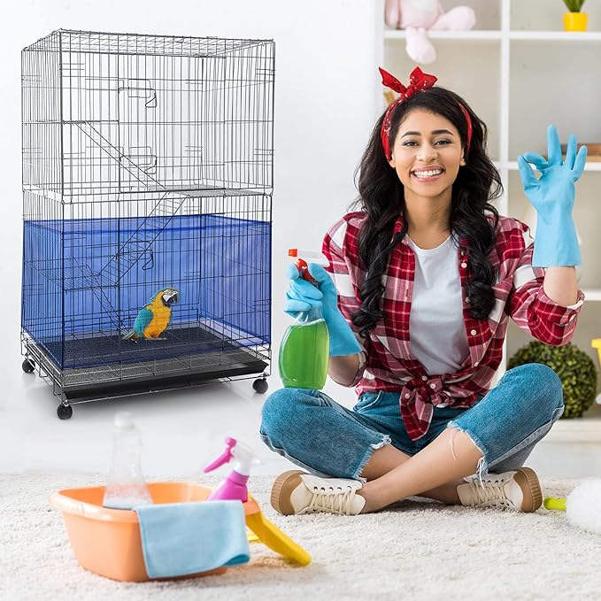 Shappy Large Bird Cage Seed Catcher,Bird Cage Cover Net Skirt Guard,Adjustable Soft Airy Mesh Net for Parrot Parakeet Macaw(118 x 15 Inch/ 300 x 37 cm,Blue)