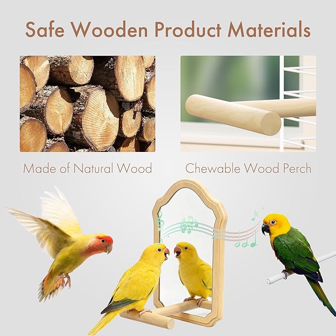 Parrot Mirror Toy with Natural Wood Perch | Fun Self-Entertainment for Birds | Prevent Boredom, Feather Plucking & Loud Calls | Acrylic Mirror and Wood Perch for Parakeets, Cockatiels, Lovebirds