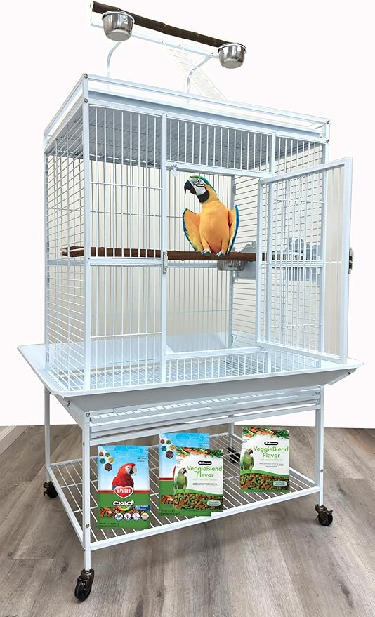 Extra Large Elegant and Durable Wrought Iron Climging Ladders Perch Stand Play Top Ground Bird Parrot Rolling Metal Cage, Include Seed Guard (White Vein, 32" x 23" x 69"H)