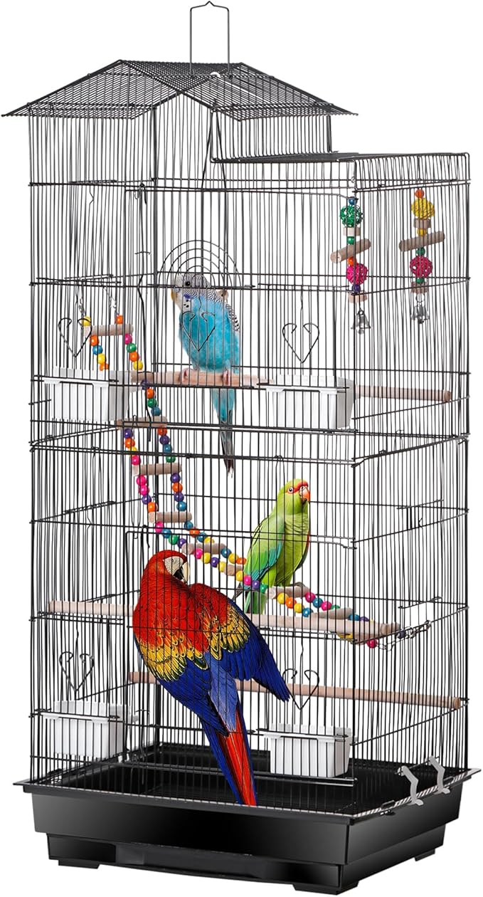 SUPER DEAL 39'' Roof Top Parrot Bird Cage with Toys for Cockatiel Sun Conure Parakeet Finch Budgie Lovebird Canary Large Flight Pet House