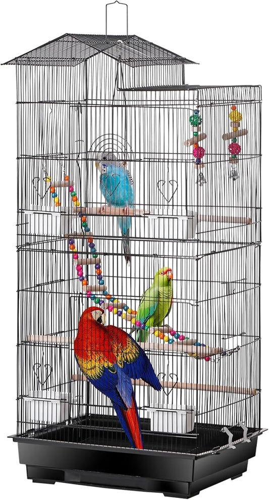 SUPER DEAL 39'' Roof Top Parrot Bird Cage with Toys for Cockatiel Sun Conure Parakeet Finch Budgie Lovebird Canary Large Flight Pet House