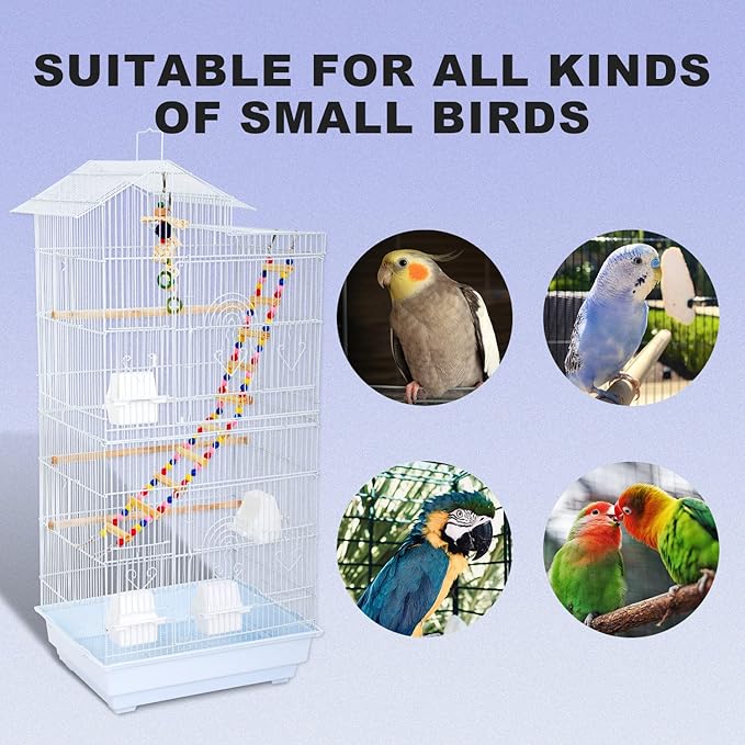 HCY 39 Inches Bird Cage Roof Top Large Flight Parrot Bird Cage with Toys for Small Medium Birds, Cockatiel,Parakeets,Parrot,Lovebirds, Finch,Canary Pet Bird Cage(White)