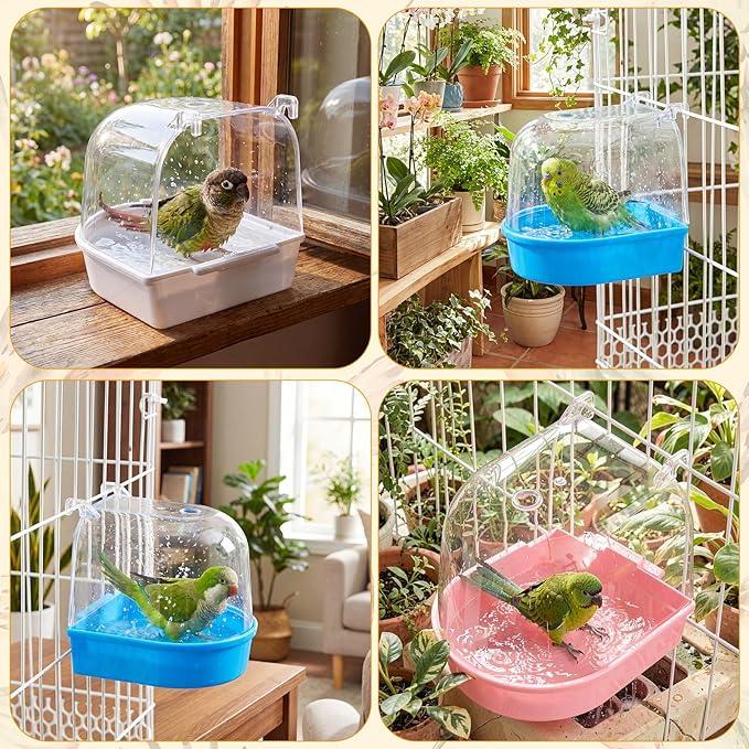 Honeydak 3 Pieces Clear Bird Bath for Cage Parakeet Bird Cage Accessories Hanging Bath Box Parrot Bathing Tub with View for Cockatiel Conure Canary Budgies Parrots (Cute Color)