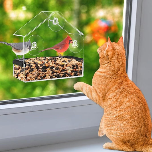 Outdoor Window Bird Feeder for Cats Viewing - Clear Bird Feeder with Strong Suction Cup, Cat Perch Accessories for Entertaining Watching, S