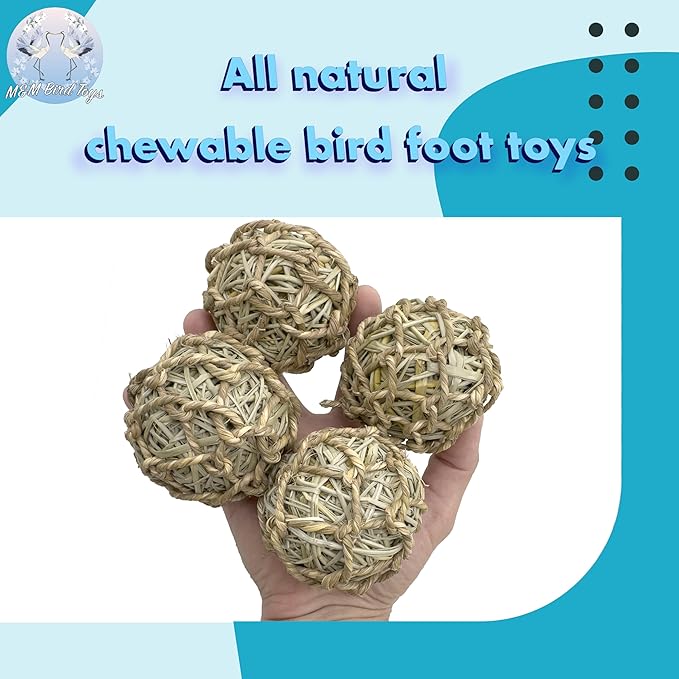 5017 Pk4 Seagrass Sphere Chewers – Handwoven Natural Foraging & Chew Toys for Parrots– Shreddable Bird Foot Toys – Enrichment & Cage Toys for Small & Medium Birds - Made with Natural Seagrass Strips