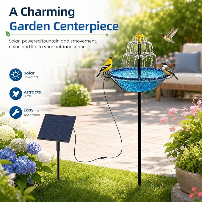 Bird Bath for Outside with Solar Fountain, Plastic Bowl on Metal Stake and Ground Stand, Freestanding Garden Accent for Yard and Patio (Blue(L))