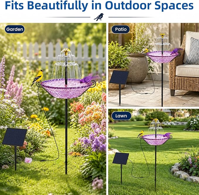 Bird Bath for Outside with Solar Fountain, Plastic Bowl on Metal Stake and Ground Stand, Freestanding Garden Accent for Yard and Patio (Purple(XL))