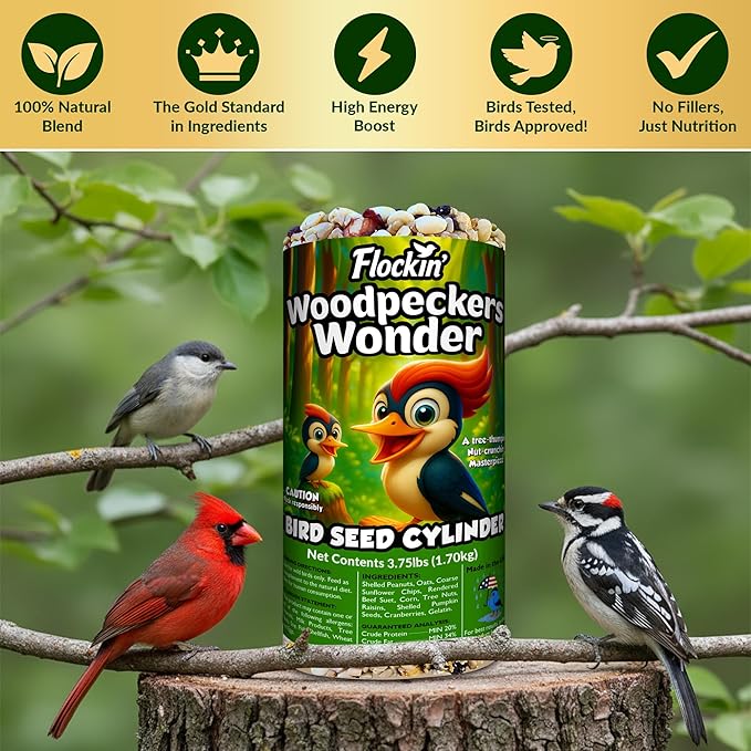 Woodpecker Bird Seed Cylinders with Hole – Premium Woodpecker Food Blend with Sunflower Chips, Peanuts & Suet – Natural High Energy Bird Seed, No Filler, No Shell, No Mess – USA Made (6" x 7.75")