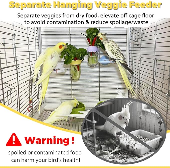 2Pcs Bird Cage Feeder for Vegetable, Parrot Veggies Holder with Water-Storage Design to Keep Greens Fresh, No Mess Hanging Millet Feeder for Parakeet, Quick Clean Clip, No Spill Feeders for Parrots