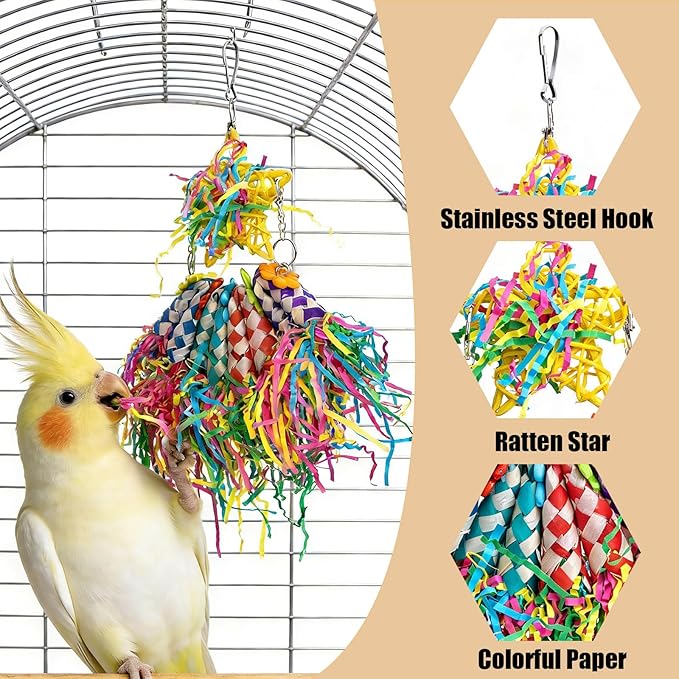 6-in-1 Bird Toy, 2 Natural Wood Stands, 1 Hanging Foraging Shredder Toys with Colorful Paper, 2 Soft Sola Balls for Chewing | Cage Accessories for Parakeets, Cockatiels, Lovebird(PET-ONLY USE)