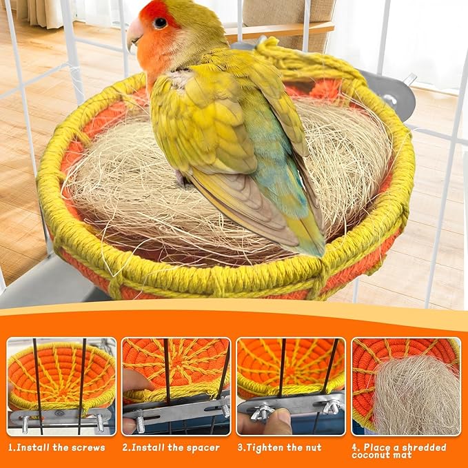 kathson Bird Nest Parakeet Breeding Nest Bed with Natural Coconut Fiber Parrot Hemp Rope Weave Hatching Nesting Box for Cockatiel Canary Lovebird Budgie Conure and Small Parrots