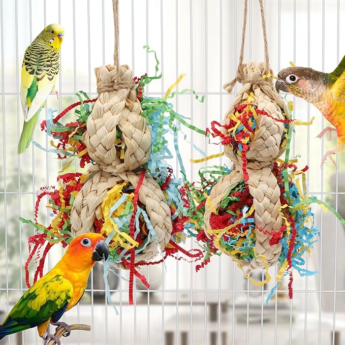 Wontee Bird Toys Colorful Shredding Crinkles Foraging Toys 2 Pack Chew Toys for Cockatiels Conures Parakeets Budgies Senegal (2 Pack-A)