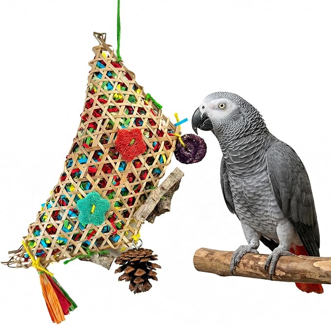 Parakeet Chewing Hanging Toy, Parrot Beak Toy Bird Foraging Toys with Natural Wood & Bamboo Shell, Cage Bite Toy for Small Parrots, Safe Bird Chewing Toys for Cockatiels Conures Lovebirds