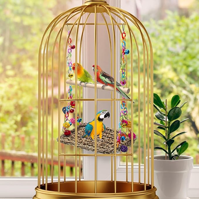 Bird Swing Mat with Wood Perch, AHIER Seagrass Bird Hammock for Conures with Chewing Toy for Parakeets, Budgie, Cockatiel Cage Accessories