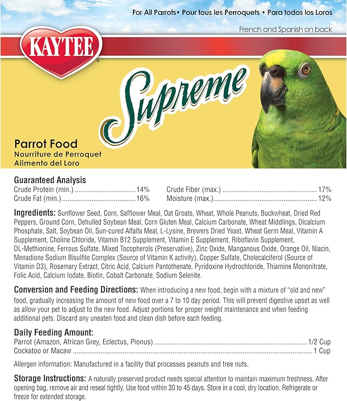Kaytee Supreme Pet Parrot Food, Natural Seed & Grain Blend with Added Vitamins & Minerals, No Artificial Colors or Flavors, 20 Pounds