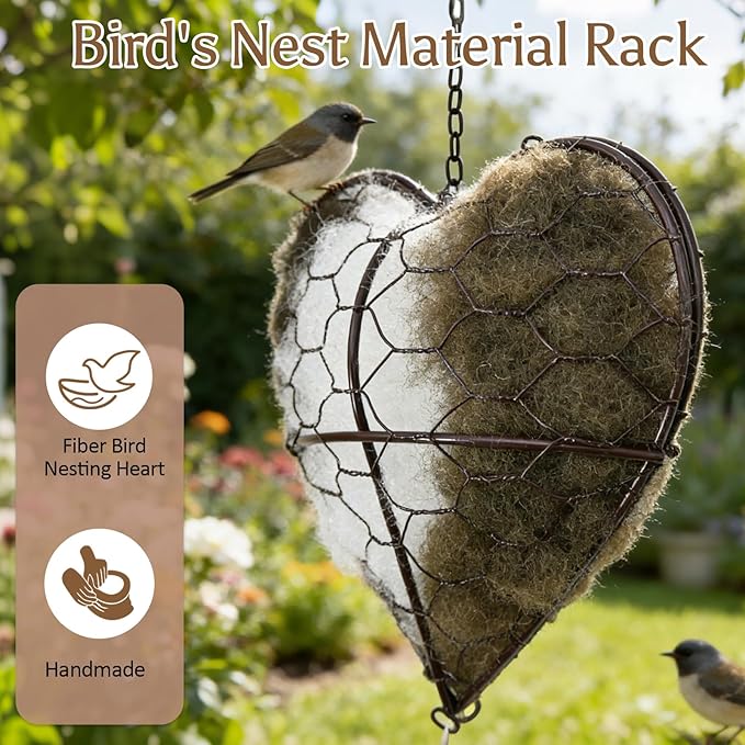 Heart Shaped Bird Nesting Material Holder - Refillable Wild Bird Nesting Supply Station with Natural Fibers, Outdoor Garden Hanging Bird House Accessory for Hummingbirds & Wild Birds