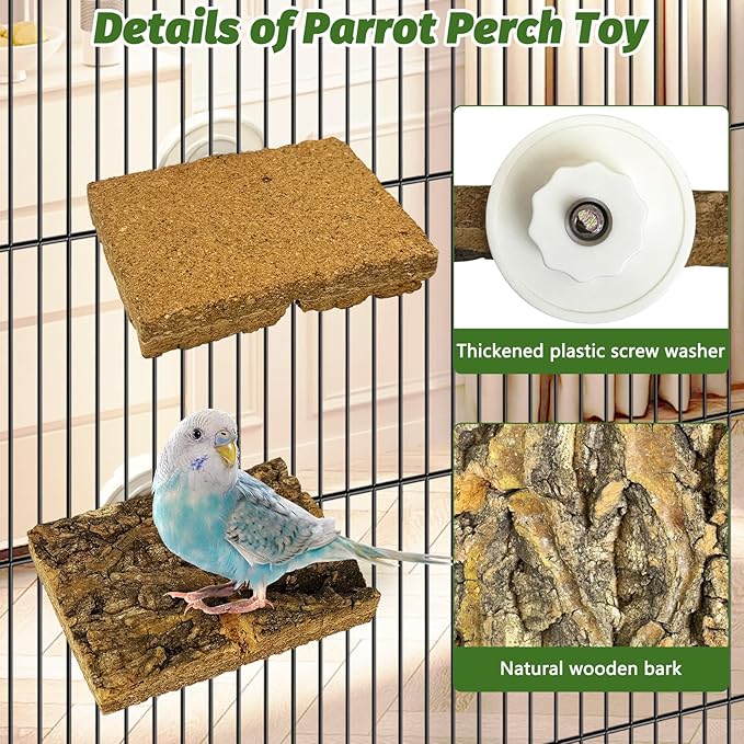 kathson Natural Cork Bird Perch Stand Platform Small Birds Wooden Rectangle Stand Perch Parakeet Chewing Toy Cage Accessories for Lovebirds Cockatiels Conures Parrots(Style B,2PCS)