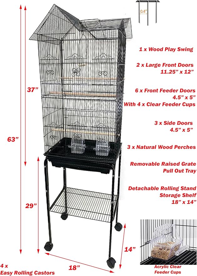 Large Pagoda Bird Parrot House Canary Parakeet Cockatiel Lovebird Finch Bird Home Cage Side Nesting Box Doors with Removable Rolling Stand