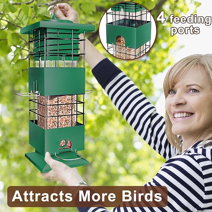 Squirrel Proof Bird Feeder, 3Lb Capacity Metal Bird Feeders for Outdoors Hanging, All-Weather Weight Activated Tube Birdfeeder with 4 Ports for Outside, Cardinal Finch Bluebird (Green)