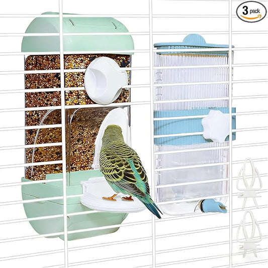 Automatic Bird Feeder Waterer Kit Bird Cage Hanging Waterer Parakeet Leak-Proof Feeder Parrot Vegetable Clips Cage Accessories for Budgies Lovebirds Finches Canaries Parrotlets Conures (Green)