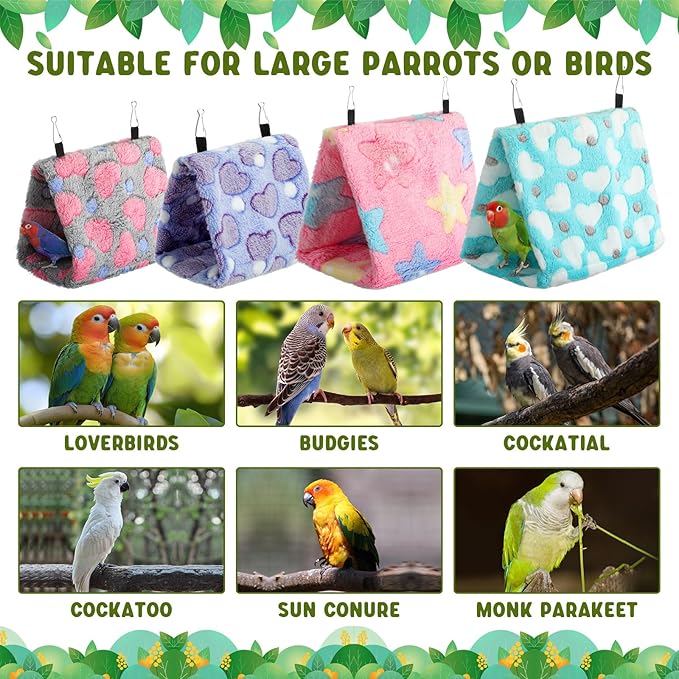 AceOrbit 4 Pcs Winter Warm Bird Nest for Cage Plush Birds Hanging Snuggle Cave 6.7" and 9.5" House Shed Hut Parakeet Sleeping Bed Hammock Fluffy Birds Hideaway Tent for Small Parrot(Lovely,Heart)