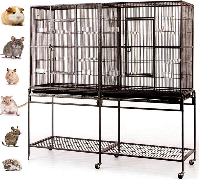 Mcage Extra Large Wrought Iron Double Cage with Center Slide Out Divider 3-Levels Ferret Chinchilla Sugar Glider Cage with Removable Rolling Stand