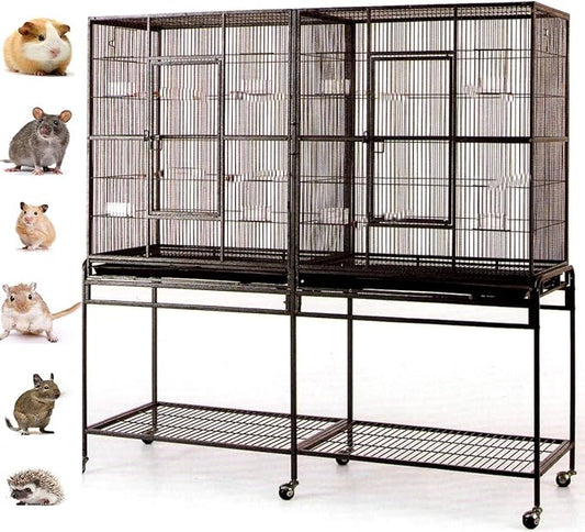 Mcage Extra Large Wrought Iron Double Cage with Center Slide Out Divider 3-Levels Ferret Chinchilla Sugar Glider Cage with Removable Rolling Stand