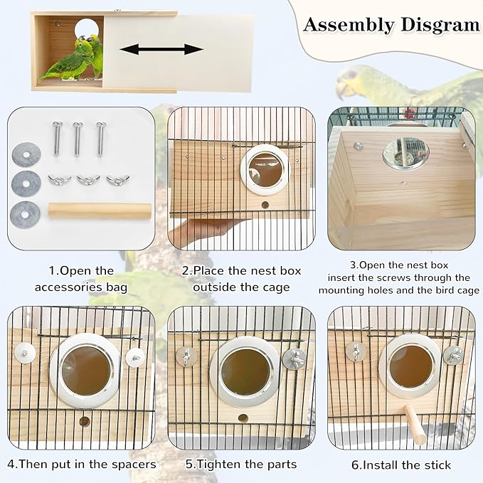 Parakeet Nesting Box Cockatiel Nesting Natural Pine Bird Nest Bird Breeding Box House Acrylic Transparent Bird Box with Detachable Wooden Board for Lovebirds Cockatiel Budgie Conure Parrot XL