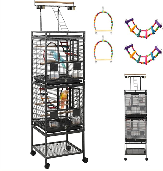 68" Double Bird Cage,Stackable Divided Parakeet Cage, Parrot Cages for Medium Birds with Bird cage Toys,Birdcage Seed Catcher,for Cockatiels Canaries Lovebirds Finches Budgies Small Parrots
