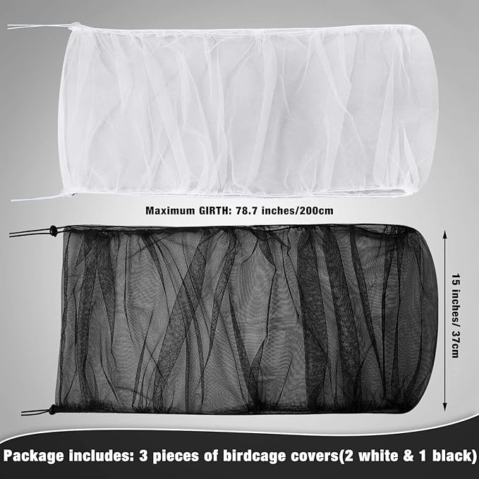3 Pieces Large Adjustable Bird Cage Cover Seed Feather Catcher Birdcage Nylon Mesh Net Cover Soft Skirt Guard for Parakeet Macaw African Round Square Cage (78 x 15 Inch in Circumference and Width)
