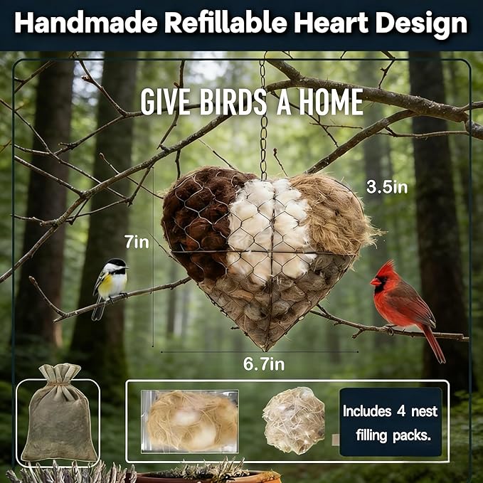 Handmade Alpaca Fiber Bird Nesting Heart, Refillable Nesting Material Accessory for Wild Birds, Outdoor Garden Decoration, Gift for Bird & Nature Lovers, Hummingbird Nesting Material (2 set)