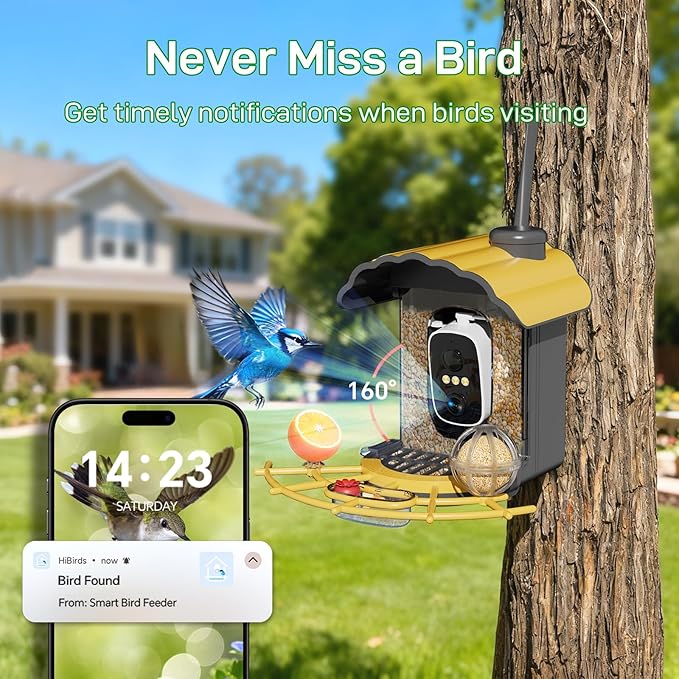 Smart Bird Feeder with Camera: Hummingbird Feeder with Solar Powered for Outdoors, Bird House with 2K HD Video & AI Bird Species Identification, Arrival Alerts, Gift for BirdLovers - Yellow