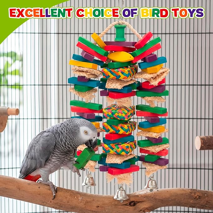 Shappy Large Bird Toy Making Kit, 228 Pcs DIY Parrot Toys Supplies, Natural Wood Chewing Blocks Beads Rope Bell Set for Macaw, Cockatiel, African Grey, Parakeet Cage Enrichment