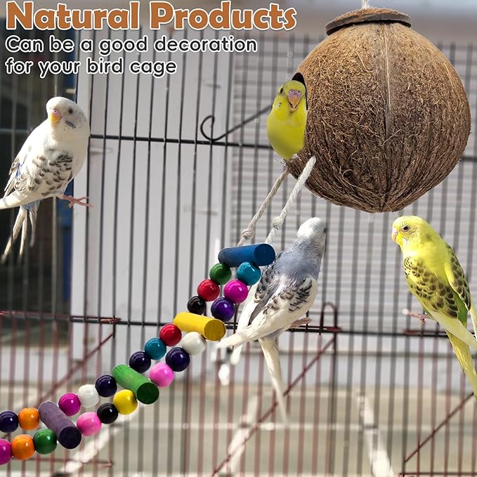PINVNBY Hanging Coconut Bird Nest Hut with Ladder, Natural Coconut Hide Lovebird House and Colored Bead String Bird Swing for Parakeet Cockatiel Budgie Conure Canary Finch Budgies (With Coconut Fiber)
