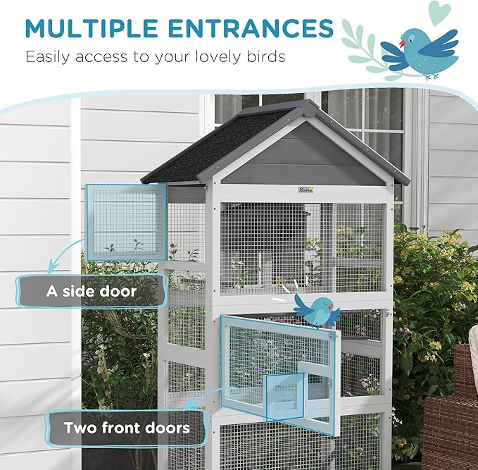 PawHut Wooden Bird Aviary, 67" Outdoor Bird Cage with Slide-Out Tray, Three Doors, Birdhouse, Ladder, Perches for Finches, Parakeets, Gray